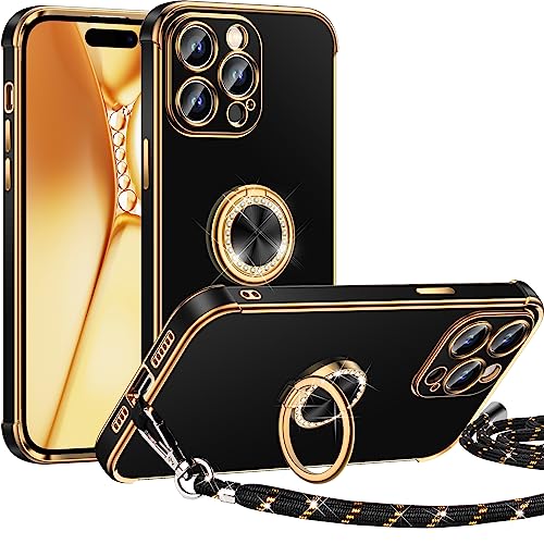 Miss Arts für iPhone 14 Pro Hülle mit Band, Ring Ständer Handyhülle Frauen Mädchen Dünn Stoßfeste Schutzhülle für iPhone 14 Pro Case Schwarz von Miss Arts