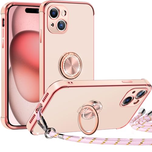 Miss Arts für iPhone 15 Hülle mit Band, Ring Ständer Handyhülle Frauen Mädchen Dünn Stoßfeste Schutzhülle für iPhone 15 Case Rosa von Miss Arts