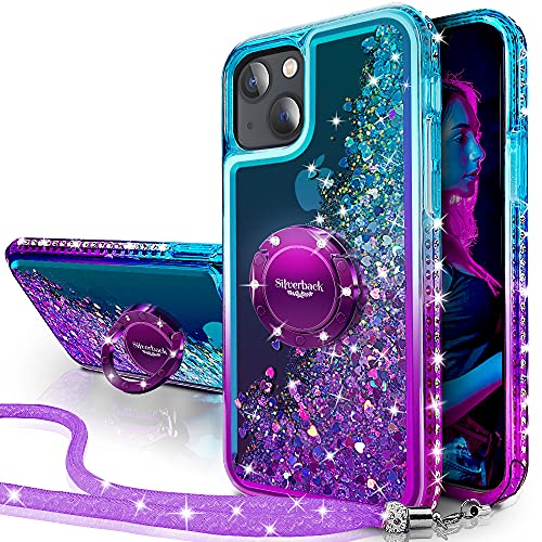 Miss Arts iPhone 13 Hülle, [Silverback] Mädchen Glitzern Handyhülle hülle mit drehendem Ringständer, Cover Silikon Flüssigkeit Clear Schutzhülle für iPhone 13 -LILA von Miss Arts