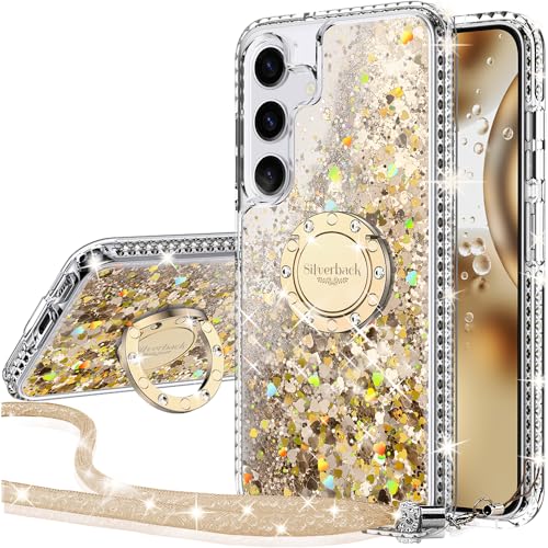 Silverback Kompatibel für Samsung S24 Hülle mit Band Mädchen Glitzer Handykette Handyhülle 360 Grad Ring Cover Silikon Flüssigkeit Clear Schutzhülle für Samsung Galaxy S24 5G - Gold von Miss Arts