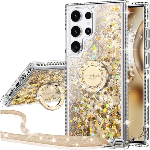 Silverback Kompatibel für Samsung S24 Ultra Hülle mit Band Mädchen Glitzer Handykette Handyhülle 360 Grad Ring Cover Silikon Flüssigkeit Clear Schutzhülle für Samsung Galaxy S24 Ultra 5G - Gold von Miss Arts