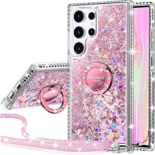 Silverback Kompatibel für Samsung S24 Ultra Hülle mit Band Mädchen Glitzer Handykette Handyhülle 360 Grad Ring Cover Silikon Flüssigkeit Clear Schutzhülle für Samsung Galaxy S24 Ultra 5G - Rosa von Miss Arts