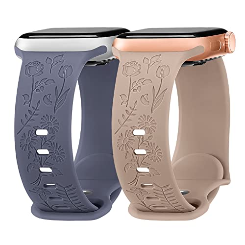 Missair Armband mit Blumengravur Kompatibel mit Apple Watch Armband 38mm 40mm 41mm, Damen Silikon Armband mit Blumenmuster für Apple Watch SE 8 7 6 5 4 3 2 1, Blaugrau Milchtee von Missair