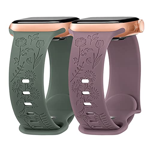 Missair Armband mit Blumengravur Kompatibel mit Apple Watch Armband 38mm 40mm 41mm, Damen Silikon Armband mit Blumenmuster für Apple Watch SE 8 7 6 5 4 3 2 1, Grün Rauchlila von Missair