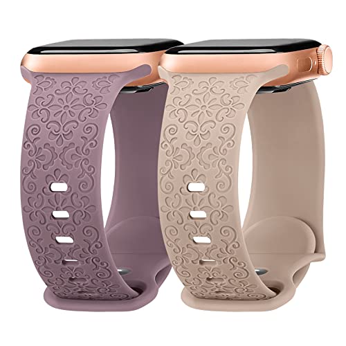 Missair Armband mit Blumengravur Kompatibel mit Apple Watch Armband 38mm 40mm 41mm, Damen Silikon Armband mit Blumenmuster für Apple Watch SE 8 7 6 5 4 3 2 1, Rauchlila Milchtee von Missair