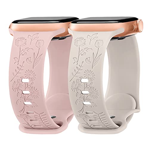 Missair Armband mit Blumengravur Kompatibel mit Apple Watch Armband 38mm 40mm 41mm, Damen Silikon Armband mit Blumenmuster für Apple Watch SE 8 7 6 5 4 3 2 1, Rosa Polarstern von Missair