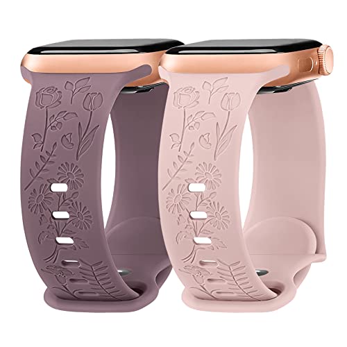 Missair Armband mit Blumengravur Kompatibel mit Apple Watch Armband 38mm 40mm 41mm, Damen Silikon Armband mit Blumenmuster für Apple Watch SE 8 7 6 5 4 3 2 1, Rosa Rauchlila von Missair