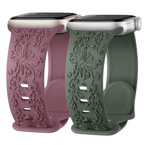 Missair Floral Gravierte Apfelband Kompatibel mit Apple Watch Armband 40mm 41mm 38mm, Weiches Elegantes Silikon Armband mit Blumenmuster für iWatch Series SE 9 8 7 6 5 4 3, Damen 2er Pack von Missair