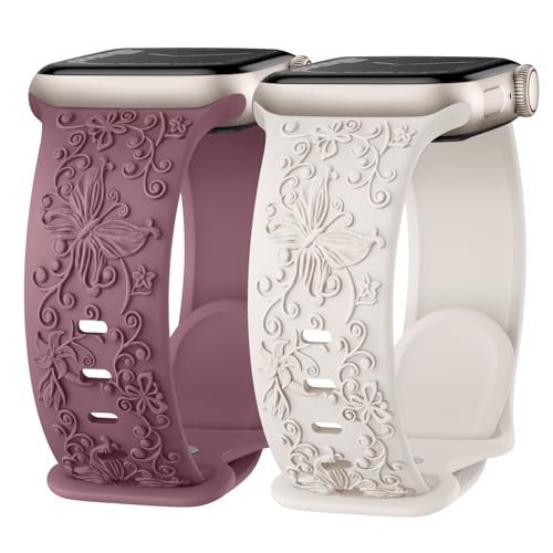 Missair Floral Gravierte Apfelband Kompatibel mit Apple Watch Armband 40mm 41mm 38mm, Weiches Elegantes Silikon Armband mit Blumenmuster für iWatch Series SE 9 8 7 6 5 4 3, Damen 2er Pack Missair Floral Gravierte Apfelband Kompatibel mit Apple Watch Armband 40mm 41mm 38mm, Weiches Elegantes Silikon Armband mit Blumenmuster für iWatch Series SE 9 8 7 6 5 4 3, Damen 2er Pack von Missair