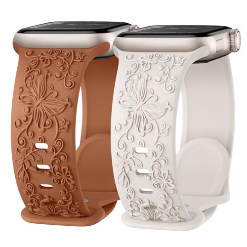 Missair Floral Gravierte Apfelband Kompatibel mit Apple Watch Armband 40mm 41mm 38mm, Weiches Elegantes Silikon Armband mit Blumenmuster für iWatch Series SE 9 8 7 6 5 4 3, Damen 2er Pack von Missair