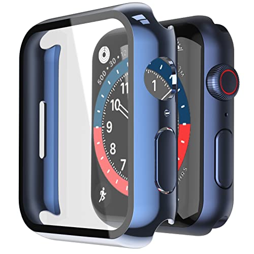 Misxi 2 Pack Hard PC Hülle mit Displayschutz aus gehärtetem Glas, kompatibel mit Apple Watch Series 9 (2023) Series 8 Series 7 45mm, ultradünne Abdeckung für iWatch S9/S8/S7, 1 Blau + 1 Transparent von Misxi