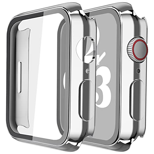 Misxi 2 Pack Hard PC Hülle mit Panzerglas Schutzfolie Kompatibel mit Apple Watch Series 9 (2023) Series 8 Series 7 45mm, Ultradünne Abdeckung für iWatch S9/S8/S7, 1 Silber + 1 Transparent von Misxi
