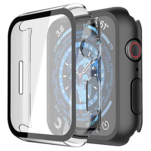 Misxi 2 Pack PC Hülle mit Displayschutz aus gehärtetem Glas, kompatibel mit Apple Watch Series 9 (2023) Series 8 Series 7 41mm, ultradünne kratzfeste Abdeckung für iWatch, 1 Schwarz + 1 Transparent von Misxi