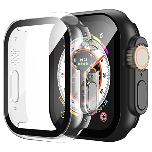 Misxi 2 Stück Hard Hülle mit Glas Displayschutz Kompatibel mit Apple Watch Ultra 2 (2023) / Ultra 49mm, Kratzfest PC Ultradünnes Schutz Case mit Taste für iWatch, 1 Schwarz + 1 Transparent von Misxi