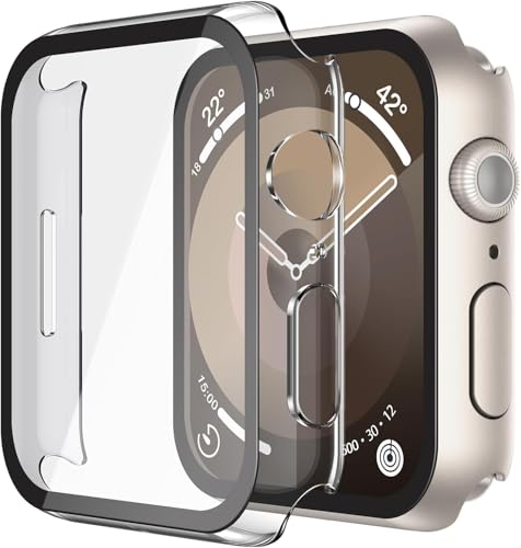 Misxi 2-Stück Hartes PC Hülle mit Displayschutz Gehärtetem Glas für Apple Watch Series 9 Series 8 Series 7 41mm, Anti-Drop Kratzfestes Leichtgewicht Cover für iWatch, 1 Sternenlicht + 1 Transparent von Misxi
