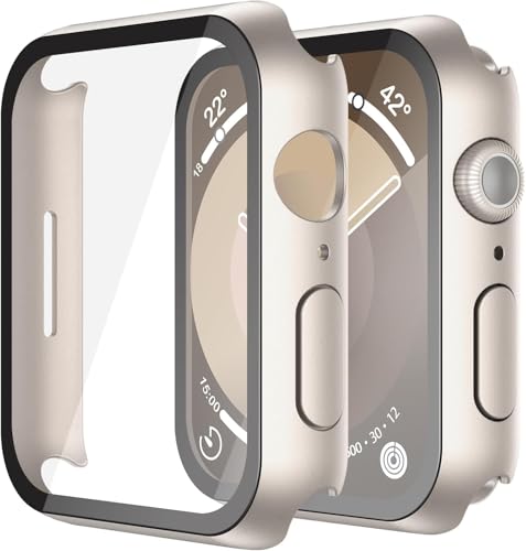 Misxi 2-Stück Hartes PC Hülle mit Displayschutz aus Gehärtetem Glas Kompatibel mit Apple Watch Series 9 Series 8 Series 7 41mm, Anti-Drop Kratzfestes Leichtgewicht Cover für iWatch, 2 Sternenlicht von Misxi