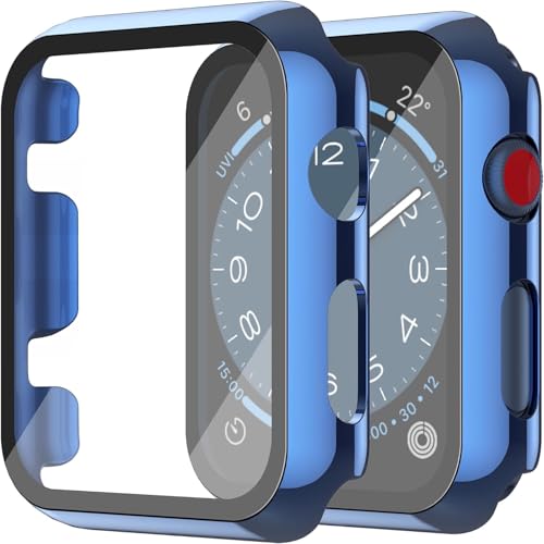 Misxi 2-Stück PC Hülle mit Displayschutz aus Gehärtetem Glas Kompatibel mit Apple Watch Series 3 Serie 2 42mm, HD Ultradünne iWatch Schutzhülle, 1 Blau + 1 Transparent von Misxi