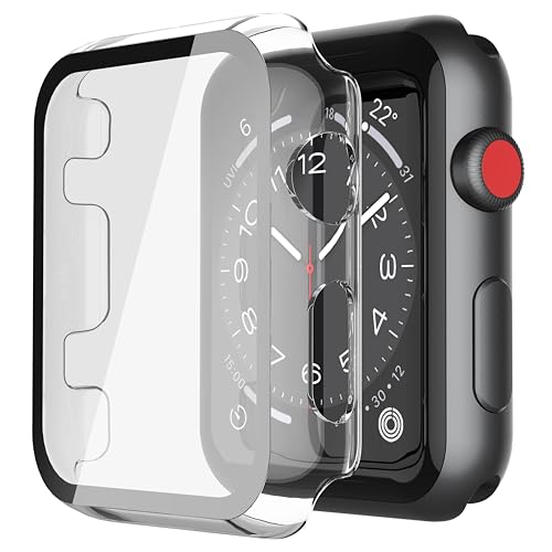 Misxi 2-Stück PC Hülle mit Displayschutz aus Gehärtetem Glas Kompatibel mit Apple Watch Series 3 Serie 2 42mm, HD Ultradünne iWatch Schutzhülle, 1 Schwarz + 1 Transparent von Misxi