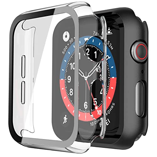 Misxi 2-Stück PC Hülle mit Displayschutz aus Gehärtetem Glas mit Apple Watch Series SE 2 (2024) / SE Series 6 Series 5 Serie 4 44mm, HD Ultradünne iWatch Schutzhülle, 1 Schwarz + 1 Transparent von Misxi