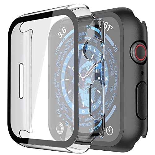 Misxi 2-Stück PC Hülle mit Displayschutz aus Gehärtetem Glas Kompatibel mit Apple Watch Series 9 (2023) Series 8 Series 7 41mm, Rundum HD Ultradünne Schutzhülle für iWatch, 1 Schwarz + 1 Transparent von Misxi