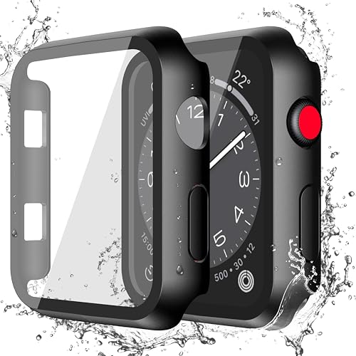 Misxi [2 Stück] Wasserdichtes Gehäuse mit Knopf für Apple Watch Serie 3 Serie 2 38 mm, Anti-Fall-Hart-PC-Abdeckung mit Displayschutzfolie aus gehärtetem Glas für iWatch S3/S2, Mattschwarz von Misxi