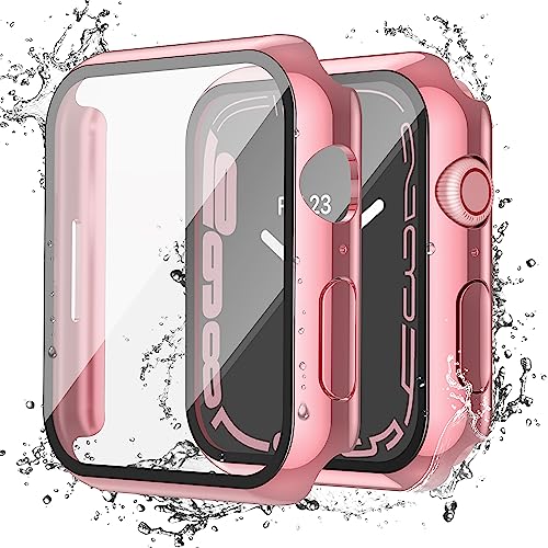 Misxi Wasserdichte Schutzhülle mit Knopf für Apple Watch Serie 9 (2023) Serie 8 Serie 7, 45 mm, harte PC-Abdeckung mit Displayschutzfolie aus gehärtetem Glas für iWatch, 1 Rose Pink + 1 Transparent von Misxi