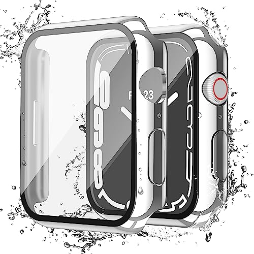 Misxi [2 Stück] für Apple Watch Series 8 Series 7 45 mm wasserdichte Anti-Kratz-Hülle mit Taste, leichte harte PC-Abdeckung mit gehärtetem Glas Displayschutzfolie für iWatch, 1 Silber + 1 Transparent von Misxi