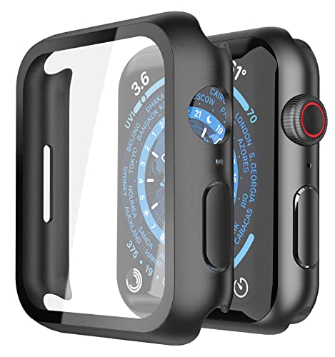 Misxi Hard Hülle mit Glas Displayschutz Kompatibel mit Apple Watch Series 9 (2023) Series 8 Series 7 45mm, Rundum Schutzhülle HD Ultradünne PC Schutz Case für iWatch S9/S8/S7, 2-Stück, Schwarz von Misxi