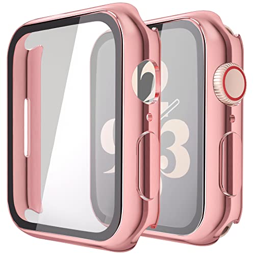 Misxi Hard Hülle mit Glas Displayschutz mit Apple Watch Series 9 Series 8 Series 7 45mm, Rundum Schutzhülle Ultradünne Schutz Case für iWatch S9/S8/S7, 2-Stück, 1 Rosepink + 1 Transparent von Misxi
