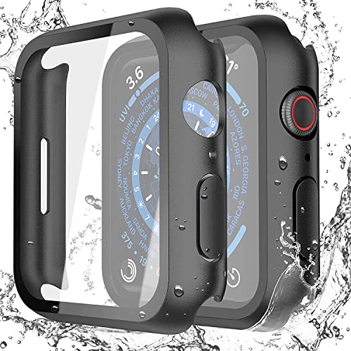 Misxi Schwarz Wasserdichtes Hülle mit Gehärtetem Glas Displayschutz für Apple Watch Series 9 (2023) Series 8 Series 7 41mm, HD Ultradünne Stoßfeste Vollschutz PC Schutzhülle für iWatch, 2-Stück von Misxi