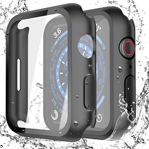 Misxi Wasserdichte schwarze Hartschale mit gehärtetem Glas, kompatibel mit Apple Watch Serie 9 (2023), Serie 8, Serie 7, 45 mm, ultradünne, robuste Schutzhülle für iWatch Displayschutzfolie, 2 Stück von Misxi