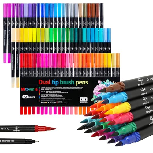 Mitoymia Dual Brush Pen Set Filzstifte 72 Farben Pinselstifte Marker Fineliner Set für Malbücher, Handlettering, Mandala Lettering Stifte für Erwachsene Anfänger Malen,Comics,Skizzieren,Bullet Journal von Mitoymia