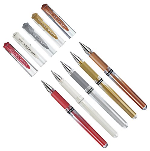 5 Stück Gelroller uni-ball® SIGNO UM 153, Schreibfarbe: Metallic Edition (metallic rot, silber, gold, bronze und weiß) von Mitsubishi Pencil