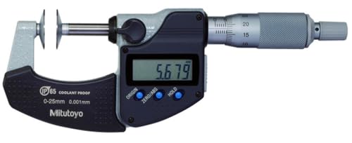 Mitutoyo 323-250-30, Digitale Bügelmesssschraube für Zahnweitenmessungen, 0-25 mm, 0,001 mm, IP65, Teller=20 mm, Metrisch, mit Datenausgang von Mitutoyo