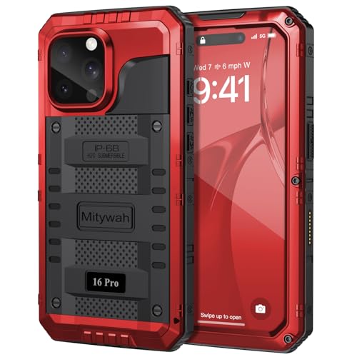 Mitywah Wasserdichte Schutzhülle für iPhone 16 Pro, stoßfest, strapazierfähig, mit eingebautem Displayschutz, Unterwasser-Ganzkörper-Schutzhülle aus Metall, 6,3 Zoll, Rot Mitywah Wasserdichte Schutzhülle für iPhone 16 Pro, stoßfest, strapazierfähig, mit eingebautem Displayschutz, Unterwasser-Ganzkörper-Schutzhülle aus Metall, 6,3 Zoll, Rot von Mitywah