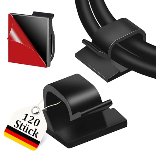 MiuCo 120 Stück Kabelhalter Selbstklebend - Kabelclips für Kabelmanagement und Kabel Organizer - Kabelklemmen & Kabelbefestigung am Schreibtisch - Schwarz Kabelführung (Lichterkette Befestigung) von MiuCo