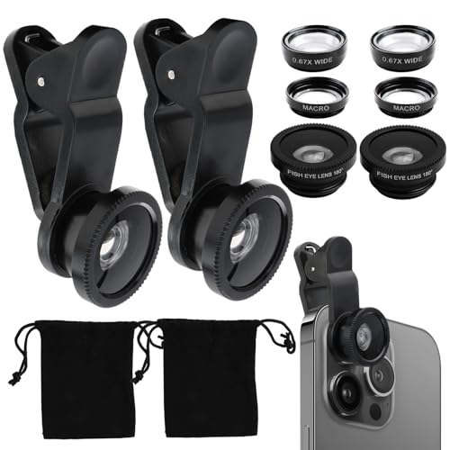 2 Satz 3 in 1 Handy-Kamera-Objektiv-Kits,enthält EIN Fischaugen-Objektiv und EIN 2 in 1 Makro-Objektiv und Weitwinkel-Objektiv und EIN Universal-Clip und eine Mikrofaser-Tragetasche (Schwarz) von Miunpri