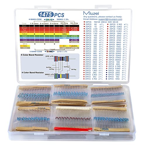 Miuzei 1475 Stück Widerstand Sortiment enthält 52 Resistor Werte Kit 1/4W ± 1% Hochgenaues Metallfilm 0 Ohm to 5,6M ohm Widerstände Set 50 Stück IN4148 Switching Diodes Elektronik DIY-Projekt von Miuzei