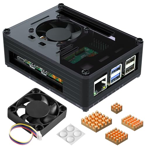 Miuzei Acryl Gehäuse Argon für Raspberry Pi 5 mit PWM Lüfter und 4 Kühlkörper aus Reinem Kupfer Micro PC-Raspberry Pi 5 4GB 8GB Aktive Kühlung Black Case Compatible With Official Raspi 5 Active Cooler von Miuzei