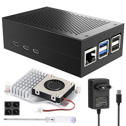 Miuzei Case for Raspberry Pi 5 Kühler Gehäuse mit 5A Netzteil Aluminium Active Cooler Official Lüfter 5,1V Power Supply 27W Charger Kit for Raspberry Pi 5 8gb 4gb Schwarz von Miuzei