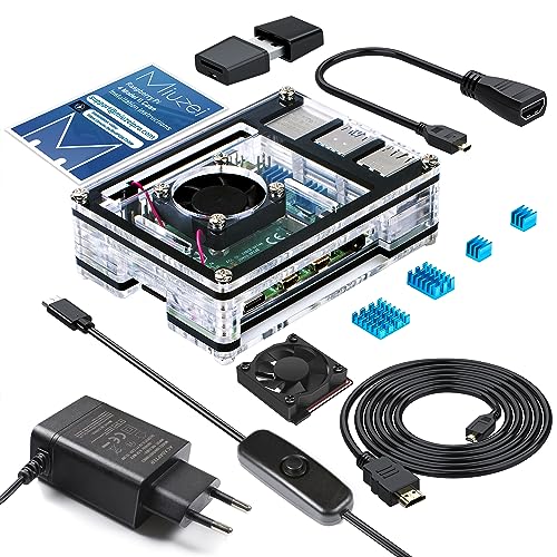 Miuzei Gehäuse für Raspberry Pi 4 mit Lüfter, 5.1V 3A 15.3W USB-C Netzteil,1.8M Micro-HDMI Kabel,Adapterkabel, 4 Aluminium Kühlkörper, USB Kartenleser Case für Raspberry Pi 4 Modell B Rasp Pi 8 4 2GB von Miuzei