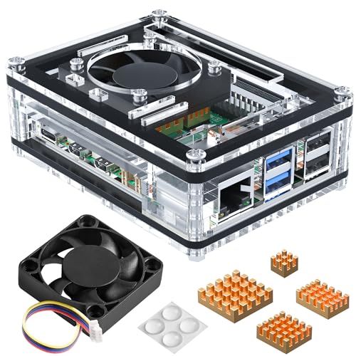 Miuzei Gehäuse für Raspberry Pi 5, Rasberry Pi 5 Case mit 4 Stück Kupfer Kühlkörper und 40x10mm PWM Lüfter, Gleichgewicht zwischen aktiver und passiver Wärmeableitung,für Raspi 5 4GB 8GB, Clear Acryl von Miuzei