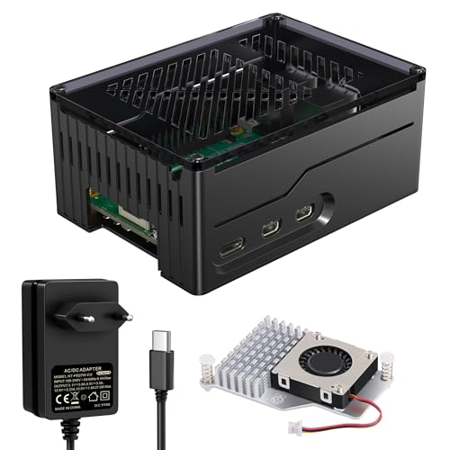 Miuzei Metall Gehäuse für Raspberry Pi 5 Support NVMe SSD PCIe M.2 Hat X1001/ X1003/ X1000 mit 5A Netzteil Adapter Active Cooler Case for Pi 5 8GB 4GB Supports All SSD Expansion Above The Motherboard von Miuzei