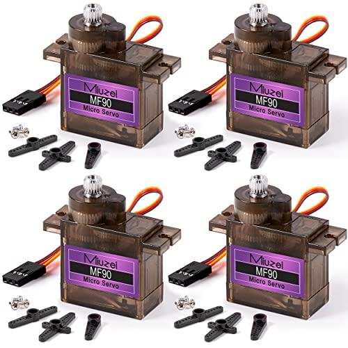 Miuzei Micro Servo Metal Gear 90 9G Rc Motor Lenkung für Arduino Set Hubschrauber,Flugboot, Auto 1/10 1/8 Roboter Starrflügel Hubschrauber DIY Modelle mit Servokabel Horn (4 Stück) von Miuzei