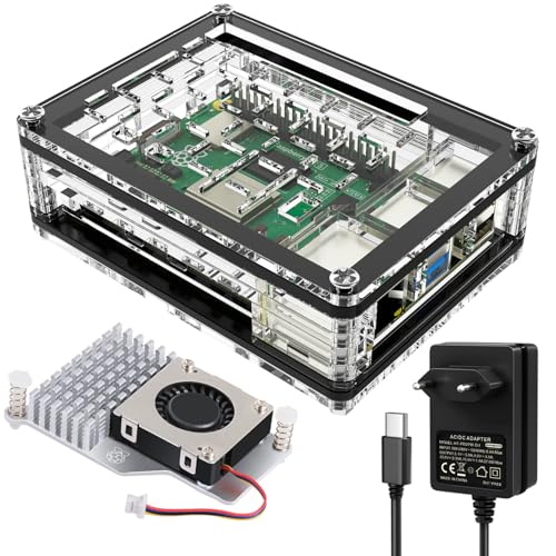 Miuzei Pi 5 Gehäuse mit 5V Netzteil Active Cooler für Raspberry Pi 5 8gb 4gb,Acryl Clear Case with 5.1v 5A Adapter Type-C Power Supply,Official Fan Micro PC kühlkörper Lüfter für Raspberry Pi 5 von Miuzei