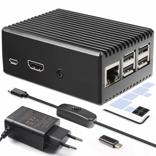 Miuzei Raspberry Pi 3 B+ Gehäuse mit Netzteil Raspberry Pi 3B Gehäuse Aluminium Passiv Kühlung Case mit 5.1V 3A Micro Adapter mit USB C Netzteil mit EIN/AUS-Schalter für Raspberry Pi Modell 3b+ 3b von Miuzei