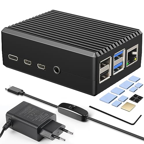 Miuzei Raspberry Pi 4 Gehäuse Aluminium , Modell B Case mit Passiv Kühlung, 5.1V 3A USB-C-Netzteil mit EIN/AUS-Schalter Metallgehäuse Nur für 4B 8GB/4GB/2GB von Miuzei