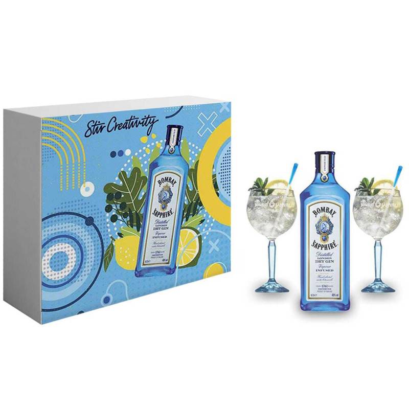 Bombay Sapphire Schuber Geschenkset (London Dry Gin 07l 40% Vol. 2x Stirrer & Ballon Gläser) von MixCompany