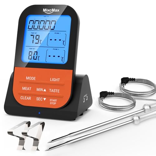 Grillthermometer Kabellos Fleischthermometer Funk Bratenthermometer Digital Magnetisch mit Timer LCD Display 2 Sonde Kerntemperatur Thermometer Steak Backofen Garten BBQ Camping Grill Zubehör (Orange) von MixcMax