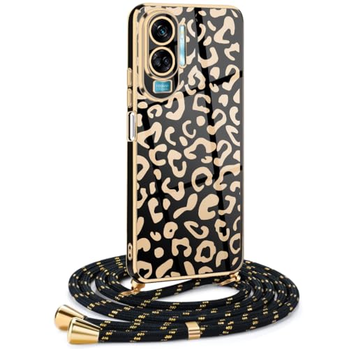 Frauen Mädchen Handykette Kompatibel mit Honor 90 Lite - Silikon Hülle mit Band - Handyhülle für Honor 90 Lite Leopard Design Galvanik - Hülle mit Kordel in Gold Leopard von Mkej